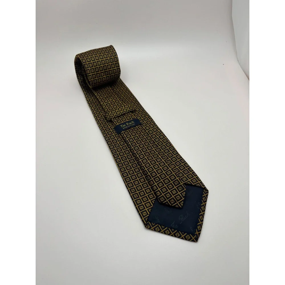 Tie Rack Mens Silk Tie Navy Blue Gold Geometric Grid Made in Italy Necktie